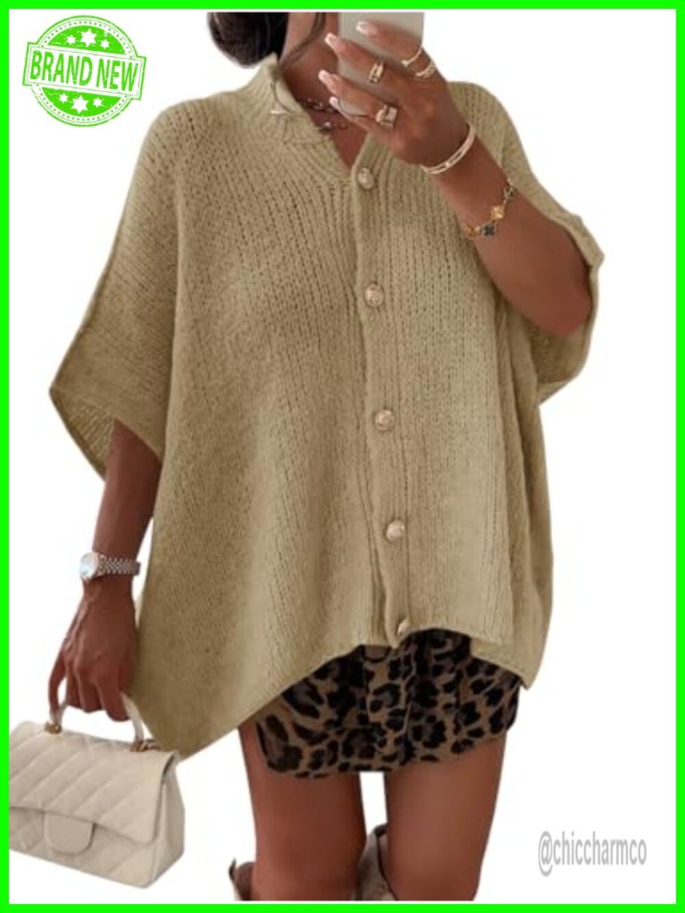 Oversized Short Sleeve Button Down Knit Cardigan Sweater